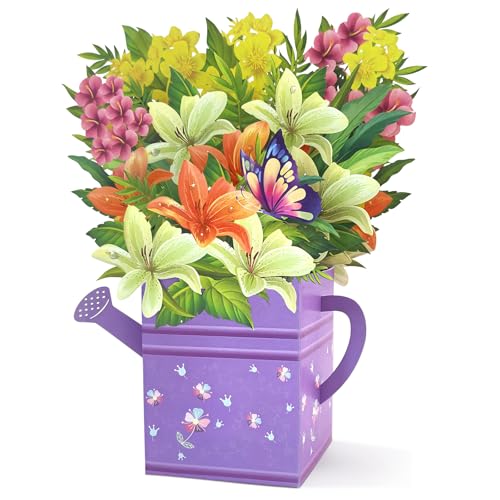 Pop Up Flower Bouquet Card, Paper Lily Bouquet Birthday Card | 3D Greeting Card for Wife, Mom, Grandma, Unique Get Well Soon & Thank You Card with Blank Notecard & Envelope - color: Lily Watering Can