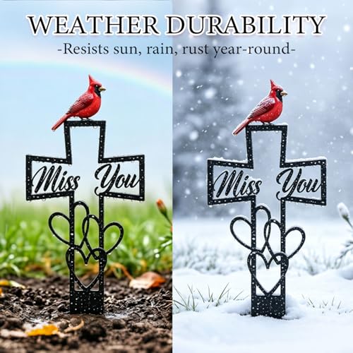 2 Pcs Metal Cemetery Memorial Plaque for Remembrance,Metal Cemetery Plaque with Cross & "Miss You" Heart,Cardinals Memorial Grave Markers,Outdoor Ground Stake for Cemetery, Garden,Memorial Tribute 6x12 Inch