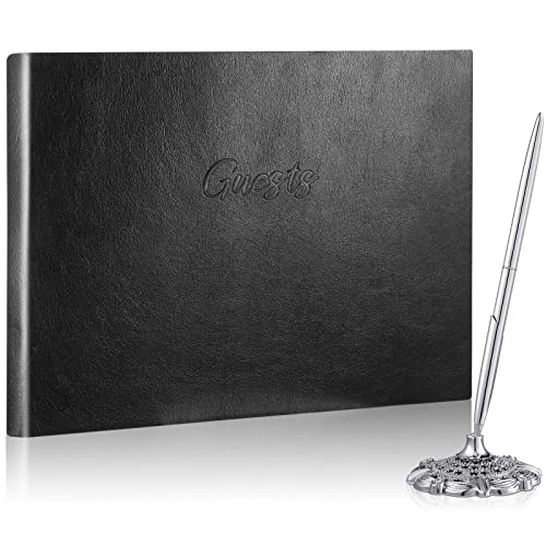 Geyee Leather Guest Book and Pen Stand Set, 10.5" x 8" Embossed Guests Sign in Book Registry Book for Funeral, Wedding Reception, Vacation Homes and Events, 80 Sheets (Black) - color: Black
