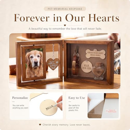Threehoney Pet Memorial Shadow Box Dog Memorial Gift for Loss of Pet Rotating Wooden Frame for 4x6 Photo Fur Hair Jar Wooden Plaques Sympathy Gift for Dog Cat Bereavement Passed Away Remembrance