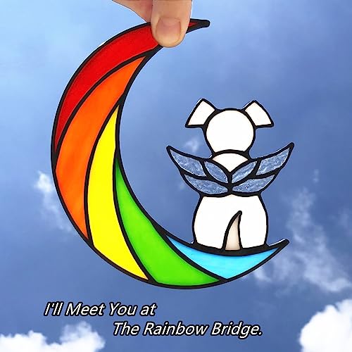 Stained Glass Rainbow Bridge White Dog Memorial Gifts for Loss of Dog Sympathy Remembrance Suncatcher, Thoughtful Pet Loss Bereavement Gifts in Memory of Pet Passing Away Window Hanging. - color: Rainbow - W