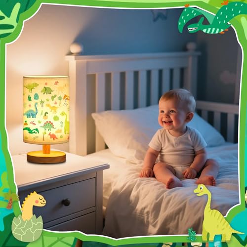 WSYEAR Bedside Table Lamp for Bedroom with Dinosaur Pattern Printed Shade 3-Way Dimmable Small Lamp with Wood Base for Living Room, Desk, Dorm, Home Office - color: Dinosaur Pattern