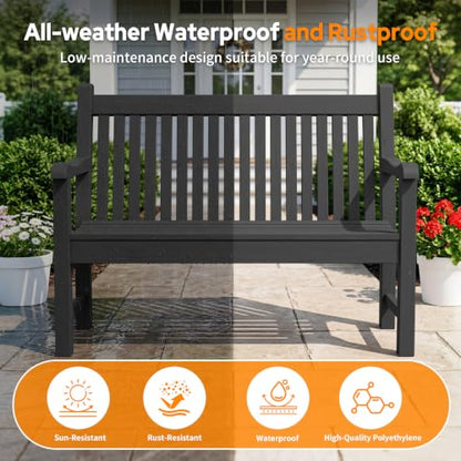 2-Person Outdoor Bench with 700 Lbs Weight Capacity, Black | Poly Lumber Weatherproof Garden Bench Seating for Porch, Balcony and Park, All-Weather Patio Bench Furniture - color: Black
