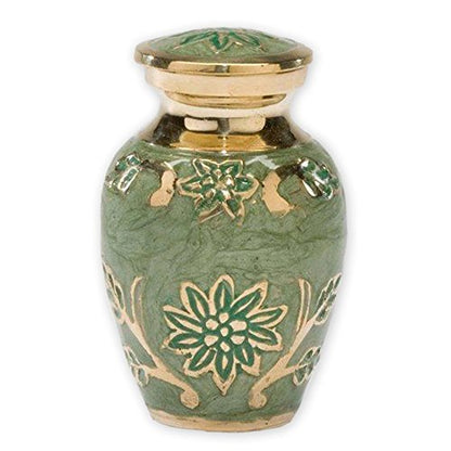 Green Garden Brass Keepsake Cremation Urn | Unique Brass Funeral Urn with Gold & Green Enamel Details | Keepsake - size: Keepsake