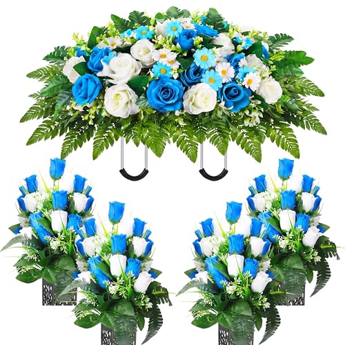 Giegxin 5 Set Artificial Cemetery Flowers for Grave, Headstone Flower Saddle Gravesite Decoration Roses Memorial Bouquets with Vase for Cemetery Decorations Non-Fading Easy Fit(Blue and White)