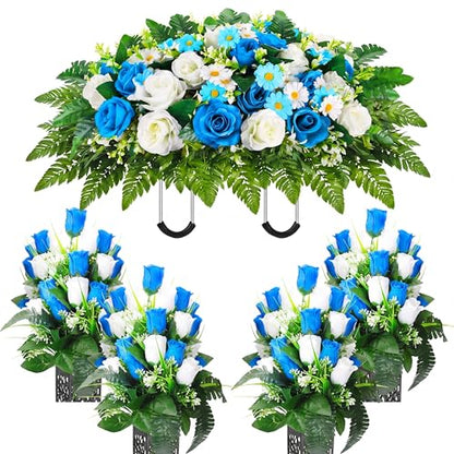 Giegxin 5 Set Artificial Cemetery Flowers for Grave, Headstone Flower Saddle Gravesite Decoration Roses Memorial Bouquets with Vase for Cemetery Decorations Non-Fading Easy Fit(Blue and White)