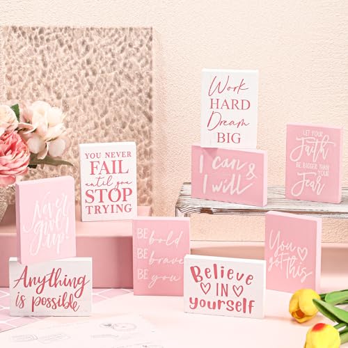 Rossesay 9 Pcs Mini Inspirational Wooden Signs for Desk Table,Pink - color: Pink
