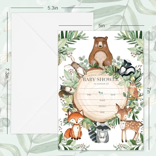 Whaline 25 Sets Woodland Baby Shower Party Invitations with Envelope Stickers Watercolor Forest Animal Greenery Invitation Cards Blank Invites for Baby Shower Birthday Party Supplies, 5 x 7 Inch - style: Woodland animals