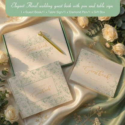 Green Floral Wedding Guest Book with Pen, Hardcover, 144 Pages, 9x7 inches | Gold Foil Title, Space for Polaroid Photos Messages, Sign In Book for Reception, Bridal Shower Guest Book, Engagement Party - color: Green