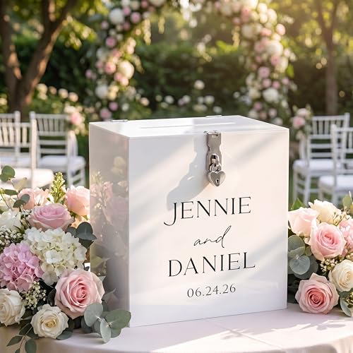 Novabright 10 Inches Wedding Acrylic Card Box with Slot Lock and Last Name Transfers Money Box for Bridal Shower Wedding, Baby Shower Birthday Party, No Assembly Needed(White,Elegant Style) - color: White, style: Elegant Style