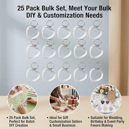 25Pcs Acrylic Photo Keychain Snap-in Keychain Double Sided Blank Custom Frames Heart-Shaped Clear Insert Photo Picture Frame with Keyring Christmas Ornaments Keyring Holder(Embossed Edges)