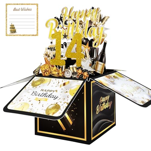 14th Birthday Card with Envelopes for Girls Boys, Birthday Decorations for Daughter Son, Bday Gift Box for 14 Year Old, Unique Handmade Foldable Celebration 3D Cards for Kids - color: GOLD, size: 14th