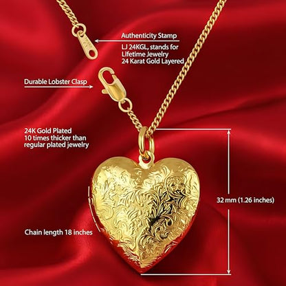 LIFETIME JEWELRY Antique Heart Locket Necklace for Women & Girls That Holds Pictures – 10X Thicker Real 24K Gold Plated Charm – Made in USA with Lifetime Replacement - style: Big Gold Locket with Chain