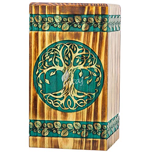 Wooden Cremation Urn for Human Ashes, 115 Cu in, Medium, Teal & Gold | Hand-carved wood, teal over gold, screw-locked sliding base, engraving available, holds up to 115 lb - color: Teal & Gold, size: Small - 8Hx4.75W (115 Cu/In)