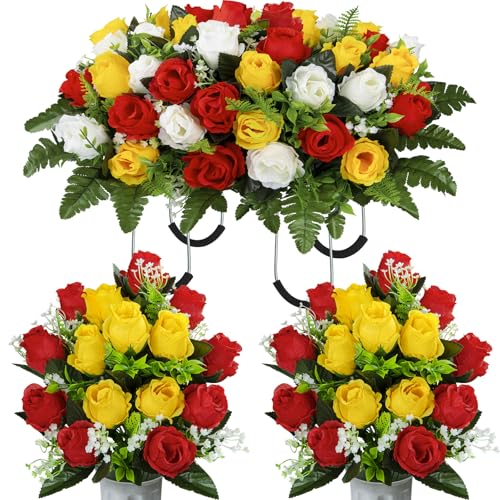 Artificial Cemetery Flowers Saddle Grave Memorial Rose Flowers with Vase for Cemetery Headstones Gravesites Decoration (White&Red&Yellow, 1 Saddle & 2Bouquets with Vase) - color: White&red&yellow, size: 1 Saddle & 2Bouquets with Vase