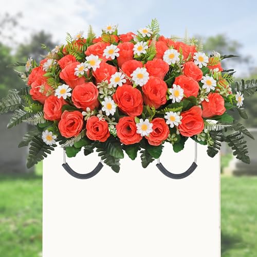 Lodou Artificial Cemetery Flower Saddle – Artificial Rose Memorial Flowers, Flower Saddles for Graves– for Headstone Decorations on Memorial Day, Christmas, Valentine’s Day ﻿ (Orange) - color: Orange