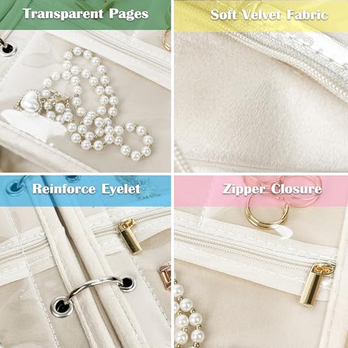 Travel Jewelry Organizer Case,Jewelry Bags Jewelry Storage Book Binder with Clear Zipper Velvet Pouch for Traveling,Earrings, Rings, Necklace, Bracelet (White) - color: Beige