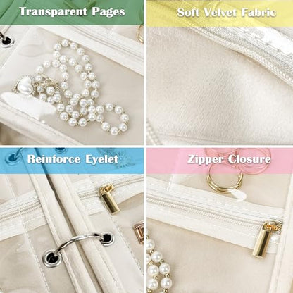 Travel Jewelry Organizer Case,Jewelry Bags Jewelry Storage Book Binder with Clear Zipper Velvet Pouch for Traveling,Earrings, Rings, Necklace, Bracelet (White) - color: Beige