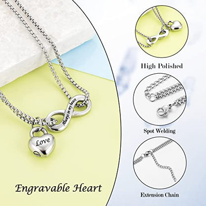 XIUDA Infinity Urn Necklace for Human Ashes Always in My Heart Cremation Necklace Stainless Steel Memorial Ash Jewelry for Women - color: Silver, engraved