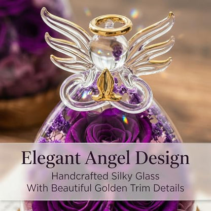 Preserved Real Rose Eternal Rose in Glass Angel Figurine with LED Light, Forever Flowers Angel Gift for Women Her Mom on Valentine's Day Christmas Birthday Anniversary (Purple, 5.8 Inch) - color: Purple