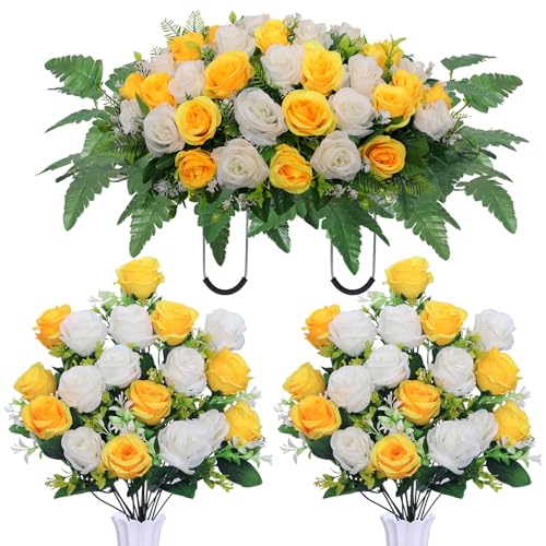 Headstone Flower Saddle,Cemetery Memorial Flowers with Vase for Grave Tombstone Decorations,Artificial Rose Bouquet Grave Memorial Day Flowers for Cemetery (Yellow White) - color: Yellow White