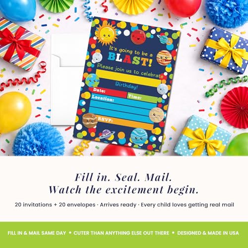 Space Invites Happy Planets– Outer Space Birthday Invitations for Kids, 20 5x7 Fill In Cards with Twenty White Envelopes for Your Outer Space Birthday by AmandaCreation - style: Planets