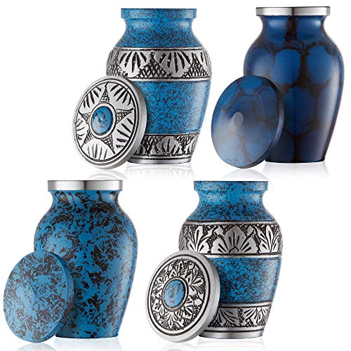 Reminded Small Cremation Urns for Human Ashes, Mini Keepsake Set of 4 Blue and Silver with Velvet Case - color: Blue