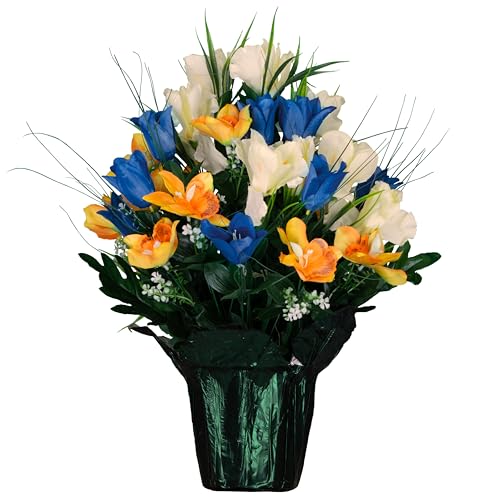 Artificial Cemetery Flowers - Grave Decoration - Blue Tulips and Cream Iris (1) Potted Arrangement - color: Blue/Cream, size: (1) Pot