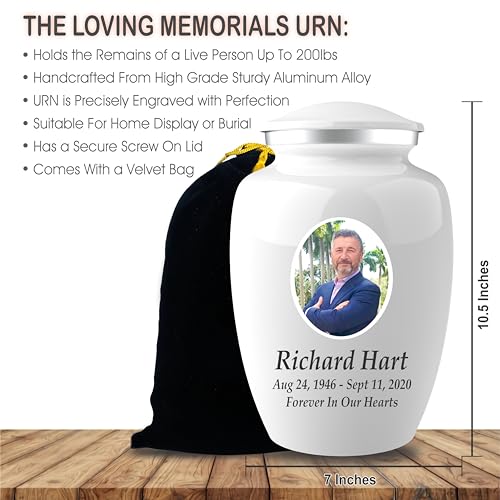 Personalized Photo Cremation Urns for Adult Ashes Male Female - 200lbs Custom Photo Burial Urns for Human Ashes - Engraved Handcrafted Funeral Decorative Urns for Adult with Velvet Bag,White