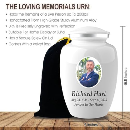 Personalized Photo Cremation Urns for Adult Ashes Male Female - 200lbs Custom Photo Burial Urns for Human Ashes - Engraved Handcrafted Funeral Decorative Urns for Adult with Velvet Bag,White