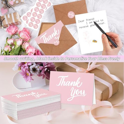 600 Pcs Pink Thank You Cards Bulk with Kraft Envelopes and Stickers 4x6 Inch Blank Thank You Notes Box Set Minimalistic Design for Business Wedding Baby Shower Graduation Bridal Shower Christmas - color: Pink