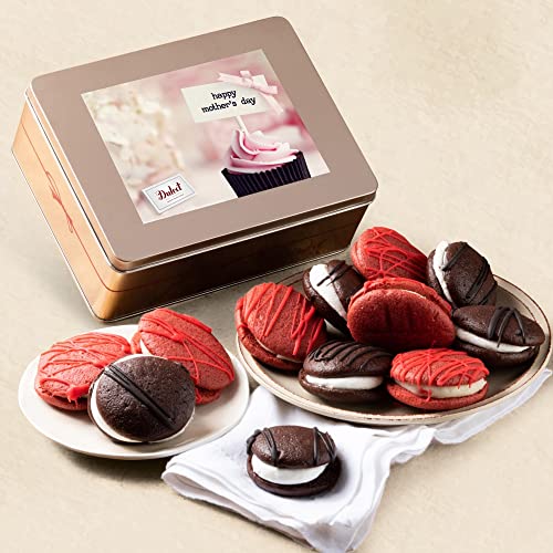 Dulcet Gift Baskets Mothers Day Chocolate & Red Velvet Whoopie Pie Tin — Cookie & Cream Snacks for Mom, Her & Women - Personal Note Option Available - color: Mother's day