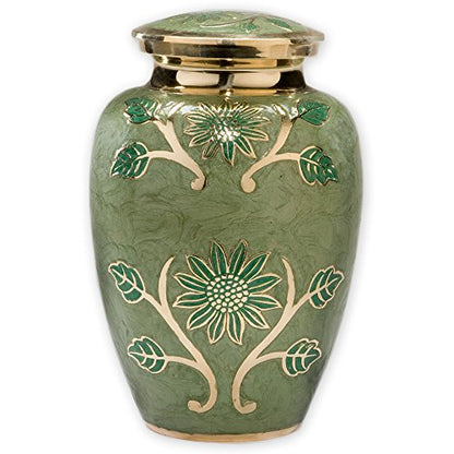 Green Garden Brass Large Cremation Urn | Unique Brass Funeral Urn with Gold & Green Enamel Details | Large - size: Adult
