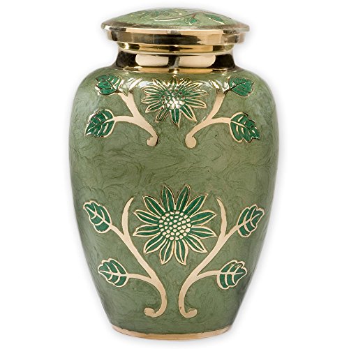 Green Garden Brass Large Cremation Urn | Unique Brass Funeral Urn with Gold & Green Enamel Details | Large - size: Adult