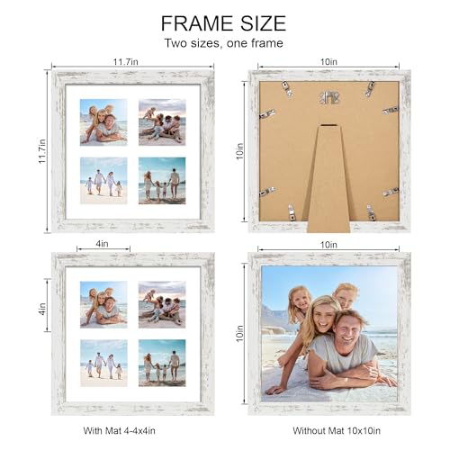 Hongkee 10x10 Picture Frame Set of 2, Collage Four 4x4 with Mat, Real Glass - color: Distressed White, size: 10x10 in matted to 4-4x4