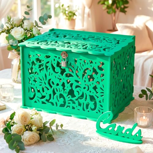 PVC Green Wedding Card Box with Lock, Hollow-out Gift Card Box for Party | Elegant Wedding Card Boxes for Reception, Durable & Foldable, Easy Assembly, Holds 200+ Cards, Outdoor Garden Wedding Decor - color: Green