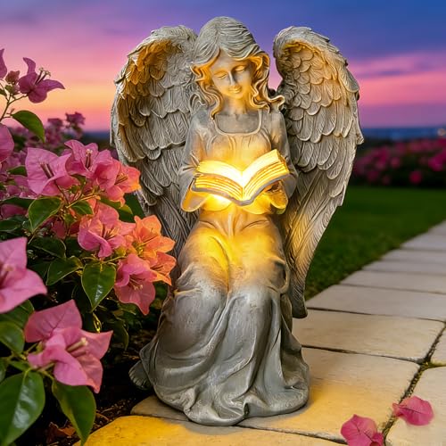 Solar Angel Book Statue, Waterproof Resin Outdoor Yard Garden Decor | LED Lights ResinStatues Outdoor Decor for Courtyard, Lawn, Porch, and Patio Christmas, Birthday Gift for Mom, Grandma, Women - color: Angel With Book