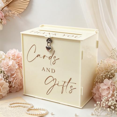 Acrylic Card Box with Lock & Slot, Warmy Cream Money Gift Card Box for Wedding Reception, Cash Envelope Box Ideal for Graduation Bridal Baby Shower Quinceanera & Baptism Party Supplies - color: Cream White