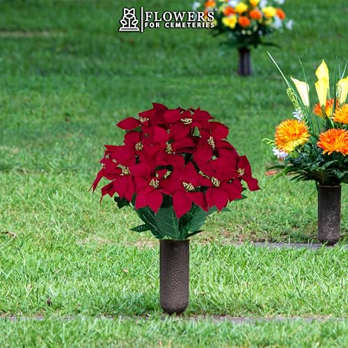 Sympathy Silks - Artificial Flowers for Cemeteries - Red Poinsettias with Gold Glitter - (1) Bouquet - color: Red W Gold Glitter, size: (1) Bouquet