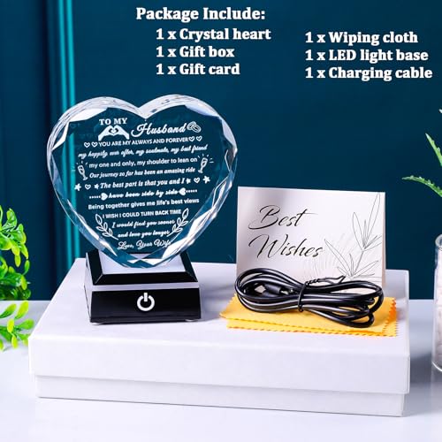 YWHL Gifts for Husband from Wife with Colorful LED Base Anniversary Birthday Gifts for Husband to My Husband Crystal Heart keepsake I Love You Gifts for Him on Valentine Christmas Fathers Day - style: Husband Gifts+ LED Base Style 1