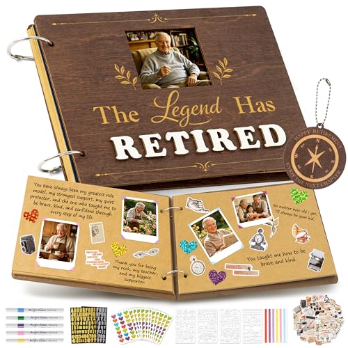 CY2SIDE Retirement Wooden Scrapbook Kit - 109PCS The Legend Has Retired Memory Book Gift for Men Women Coworker Teacher Parents, DIY Photo Book Keepsake Album for Retirement Party Farewell Celebration - style: Retirement
