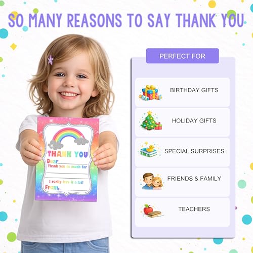 Rainbow Sparkle Thank You Notes for Kids, Ten 4" x 5.5" Fill In The Blank Cards with 10 White Envelopes by AmandaCreation - style: Rainbow Sparkle