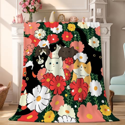 Flowers Fleece Throw Blanket, Cute Cat Flannel Blankets for Couch 50"×60" - color: Cute Cat