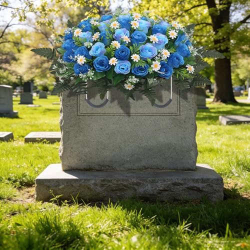 Wocst Headstone Flower Saddle,Large Artificial Cemetery Flowers for Grave Artificial Roses Daisy Saddle for Cemetery Headstone (Blue) - color: Blue