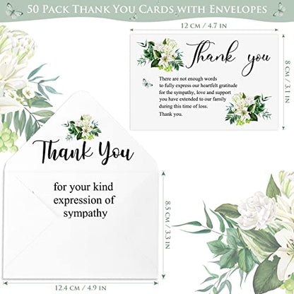 Marspark 50 Pack Thank You Sympathy Cards Funeral Thank You Cards with Envelopes and Message Memorial Sympathy Greenery Bereavement Notes for Funeral Family Friends Loved Ones(Lily)