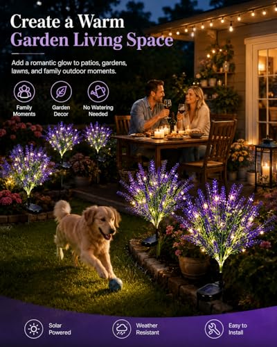 Geegoods Lavender Solar Garden Lights, 2 Pack Outdoor LED Flowers | 2 purple lavender solar flowers with LEDs; auto on/off, IP65 waterproof stakes for pathway, yard, patio and Halloween decor