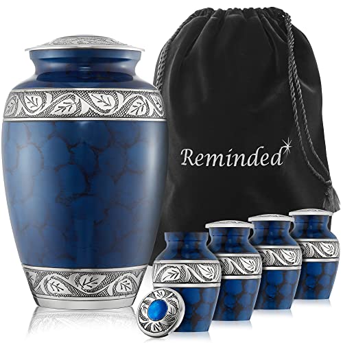 Reminded Set of 5 Etched Cremation Urns for Human Ashes - 1 Brass Adult + 4 Keepsake Token Size, Blue - color: Blue