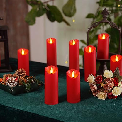 Homemory Christmas Flameless Candles, Battery Operated Candles with Remote Timers, Electric Fake Candles for Home, Christmas Decoration, Made of Plastic, Red/Burgundy, Set of 9 | Plastic shell, battery operated flickering c, les, dual remotes, indoor Hall