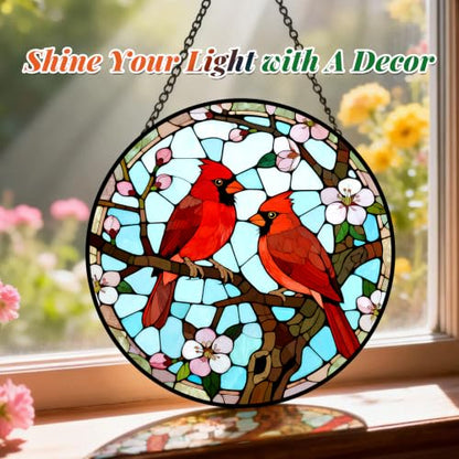 Cardinal Pair Stained Glass Suncatcher Window Hanging Bird Memorial Gift - color: Cardinals, size: 7.8x7.8 IN