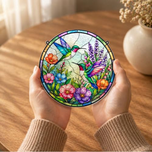 Hummingbirds with Flowers Memorial Suncatcher, 8" Christian Stained Glass Wavy Acrylic, Sympathy Gift for Loss of Loved One, Mom, Dad, Grandma, Family Members, Religious Gifts for Women - color: Hummingbird Round